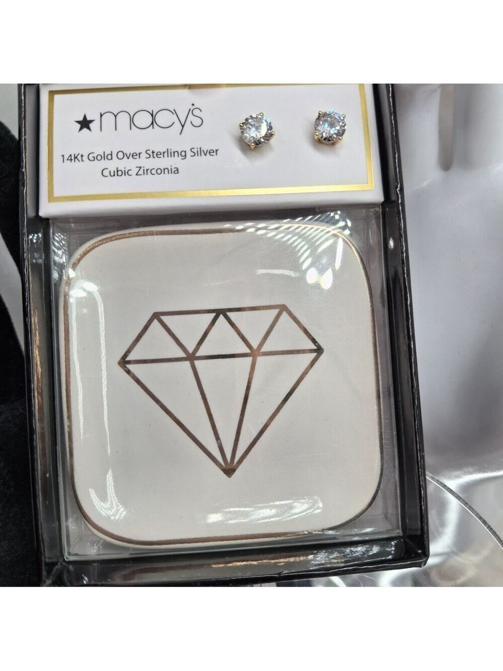 Macy's Cubic Zirconia Earrings with Diamond Design Trinket Tray New In Box